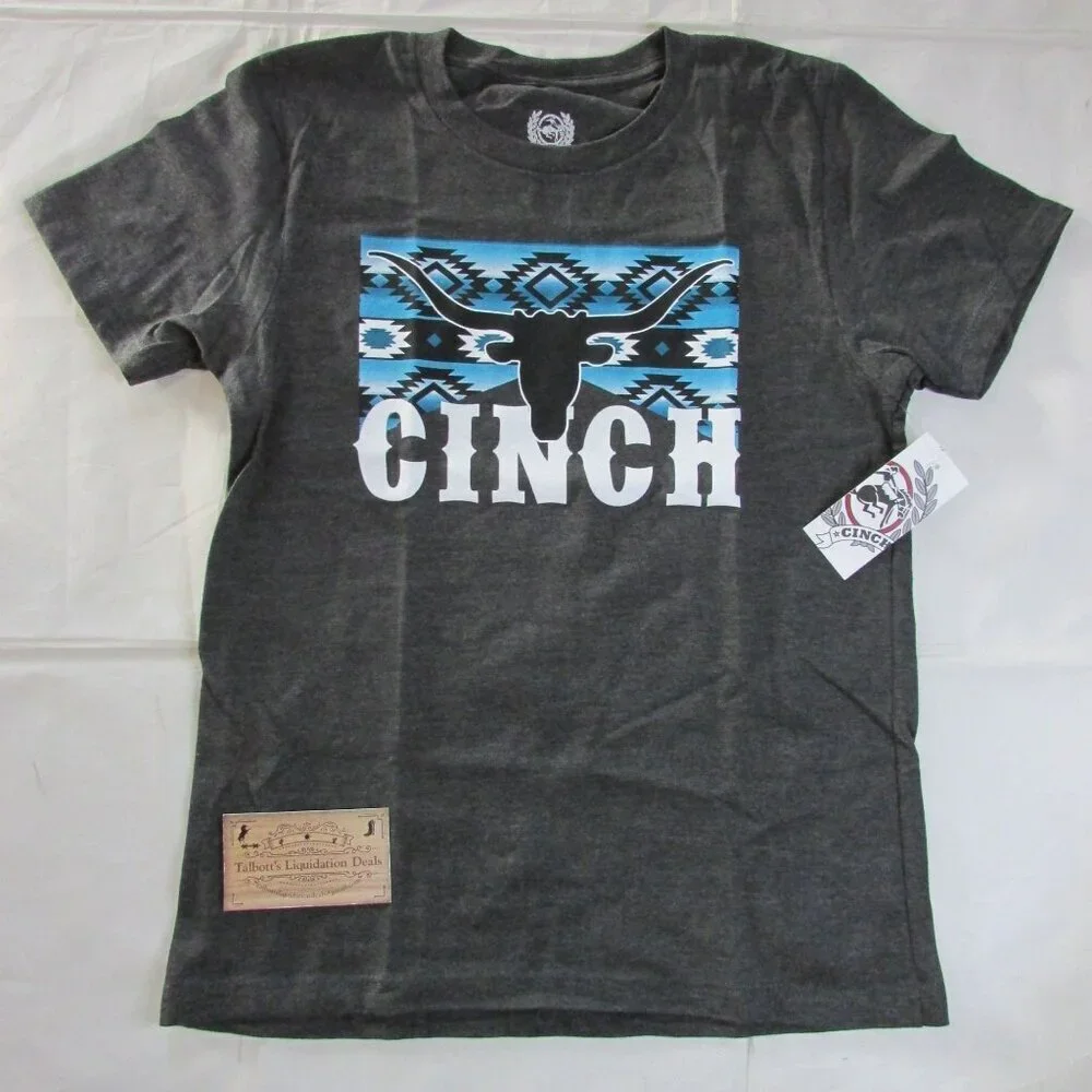 Cinch Youth Boy's SM Short Sleeve Aztec Longhorn Graphic T-Shirt Charcoal Grey